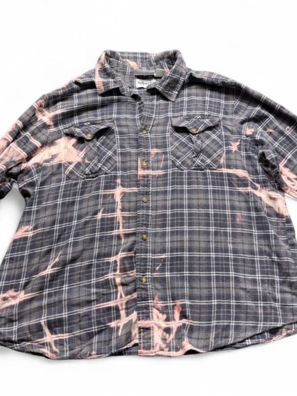Women’s Gray Plaid Button-Down Shirt with Pink Bleach Detail